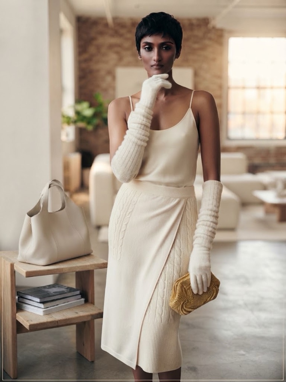 Long Ivory Women's Knit Gloves Mittins for Cold Days